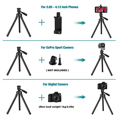 Phone Tripod Flexible Upgraded, 11" Portable Cell Phone Camera Travel Tripod Stand with Wireless Remote Shutter and Universal Phone Mount, Compatible with iPhone, Android Phones, Sports Camera GoPro - Thumbnail 6