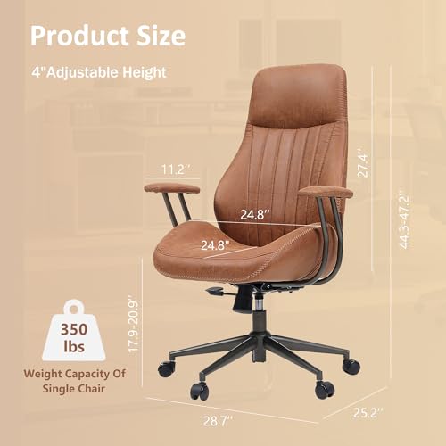 Image of High Back Home Office Chair, Mid Century Vintage Executive Chair,Comfy Ergonomic Rolling Office Task Chair with Lumbar Support,Brown Faux Leather Office Chair,Brown