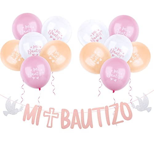 BETESSIN 13pcs Decoración Mi Bautizo Guirnalda Rosa Globos de Bautizo Pancarta Mi Bautizo Globo Rosa Blanco Adorno Decorativos para Fiesta de Bautizo de Niña Infantil Fiesta Bautismo
