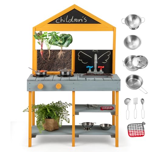 DREAMADE Matschküche Kinder Outdoor, Outdoorküche aus Tannenholz mit...
