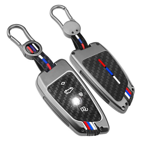 QBUC for BMW Key Fob Cover, Heavy Metal Key Shell Case for BMW 2 5 6 7 Series X1 X2 X3 X5 X6 X7 Smart Key Full Protection Accessories (Gunmetal,Carbon Fiber Look)
