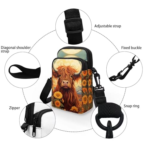 Image of Xpyiqun Highland Cow Phone Bag Crossbody Purses for Women Mini Cross Body Bag Sunflower Canvas Over Shoulder Handbag Messenger Pouch Work Satchel Travel Wallet Organizer Zipper Pocket