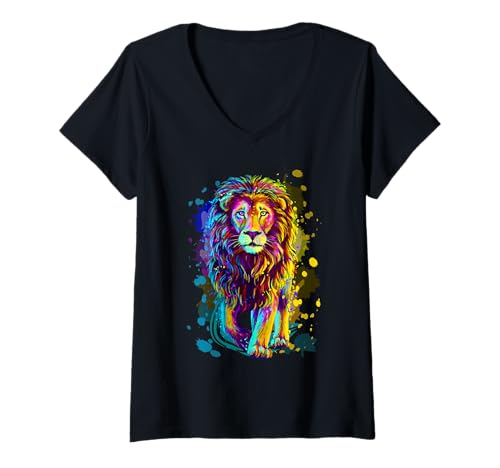 Femme Cool Colorful Wild Lion Stylish T Shirt, Lion Graphic Design T-Shirt avec Col en V