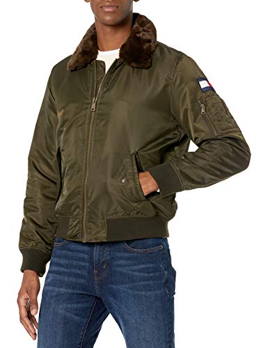 Image of Tommy Hilfiger Mens Laydown Collar Officer Jacket with Removable Pile Collar,Olive w. Flag Patch,Large