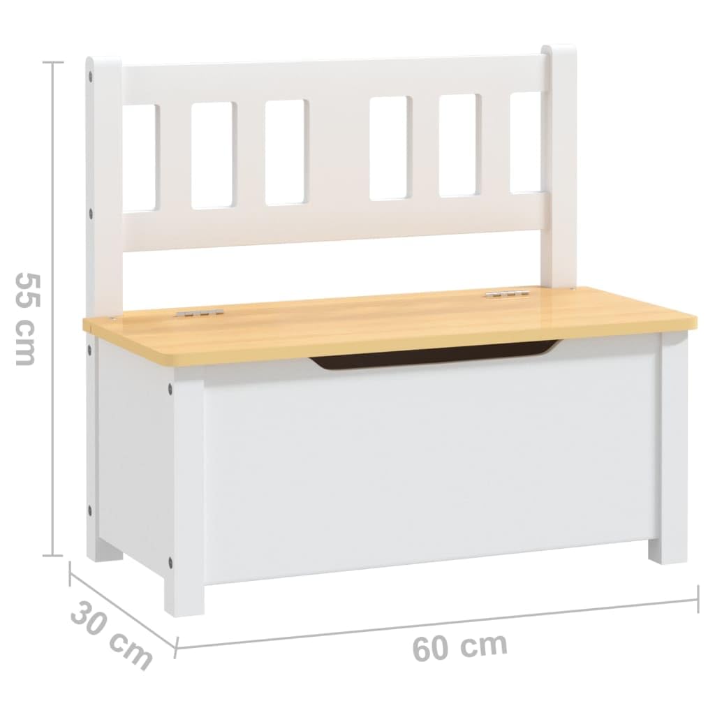 Banco infantil con espacio de almacenamiento MDF blanco y beige, 60 x 30 x 55 cm, muebles para habitación infantil, ahorro de espacio, con almacenamiento para juguetes, niños, niñas, recién