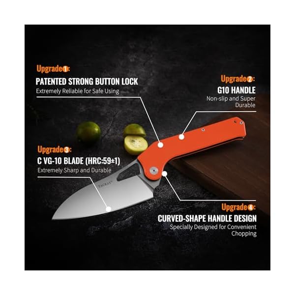 TACRAY Folding Kitchen Chef Knife, 4.4" Foldable Camping Knife with C VG10 Stainless Steel Blade, Anti-skidding and Ergonomic Designed G10 Handle for both Indoor and Outdoor Cooking - Image 3