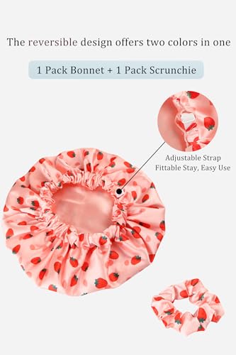 Vettres Silk Hair Bonnet for Sleeping with Scrunchie Adjustable Sleep Bonnets Double Layer Satin Sleep Cap for Curly Hair Strawberries — view 4