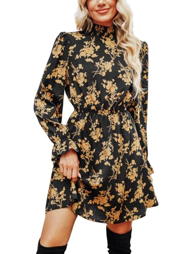 CUPSHE Women's A-Line Mini Dress Flowy Swing Ditsy Floral Print Long Sleeve Round Neck Smocked Fall Party Casual Dress Yellow XL