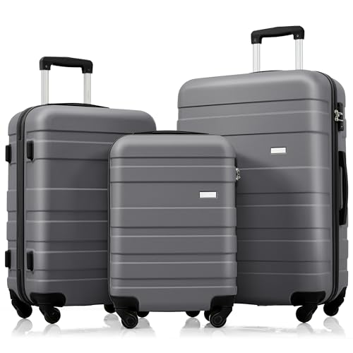 Luggage Sets New Model ABS Hardshell 3pcs Clearance Luggage Hardside Lightweight Durable Suitcase sets Spinner Wheels Suitcase with TSA Lock 20''24''28''(grey)