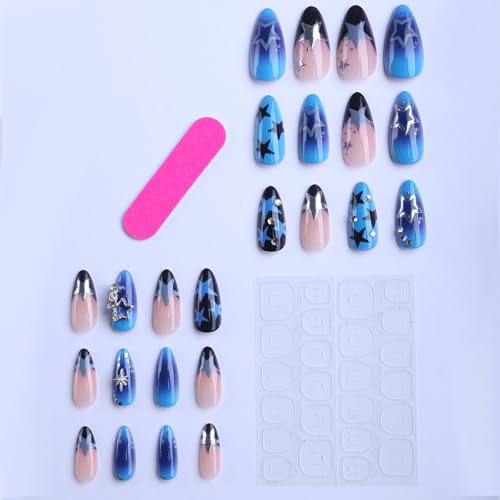 Image of Star Press on Nails Medium Almond Fake Nails Blue Black Ombre French Tip Nail Press ons with Design NBNTGH Stick on Nail for Women Manicure 24Pcs