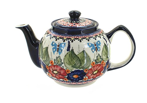 Blue Rose Polish Pottery - Red Floral Butterfly Medium Teapot - 4 Cup Capacity - Hand-Painted Polish Pottery Ceramic Coffee & Tea Server