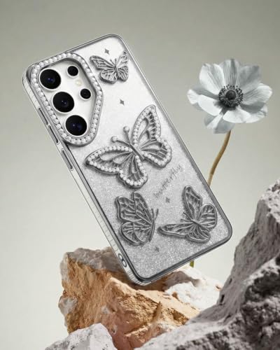 Image of Elzzi Electroplated Butterfly Phone Cover for Samsung S26 Ultra Case, Showcasing Pearlescent Diamond Soft TPU, Camera Protection, Shockproof, Dropresistant Stylish for Girls & Women (Grey)