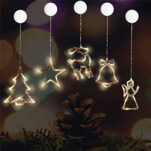 Preisvergleich Produktbild Kompassswc LED Fensterlicht 5 Stück(Stern,Glocke,Hirsch,Engel,Weih... led Fenstersilhouette Saugnapf Fensterbild Weihnachtsbeleuchtung Kinderzimmer Schaufenster Weihnachtsdeko