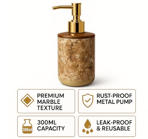 Image of LAGET 300ml Soap Dispenser for Wash Basin - Marble Golden Print | Kitchen and Bathroom Accessories Items | Refillable Handwash Dispenser Bottles- Set of 2 (Brown Twinkle)