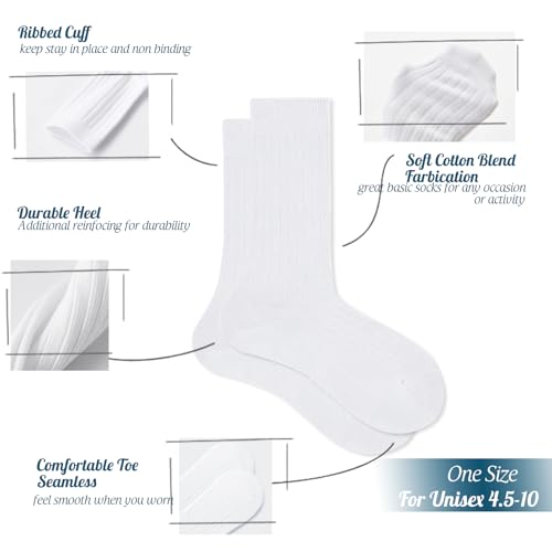 Image of Fszsaa Fun Novelty Crew Socks Solid Cotton Socks Unisex Solid Dress Socks for Women Ribbed Tube Socks, 3pack-white