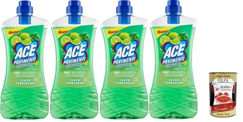 ACE Pavimenti - Limpiador de suelos higiénico, lima y menta, sin lejía, limpia a fondo y aporta brillo a los suelos, 4 unidades de 1 litro + Polpa italiana Gourmet de 400 g
