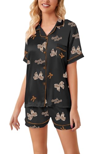 Image of Schbbbta Girls Womens Pajamas, Satin Silky Pjs Set Kids 2Pcs Button-Down Nightwear Sleepwear Gift for Mommy and me
