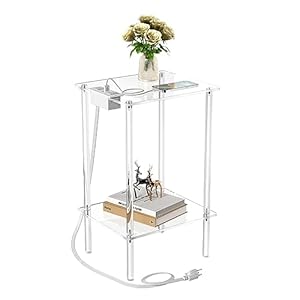 Eglaf Acrylic End Table with Charging Station – 2 Tiers Small Side Table/Bedside Table with USB Ports & Outlets – for Living Room, Bedroom, 13.4″ W x 11.5″ D x 21.7″ H