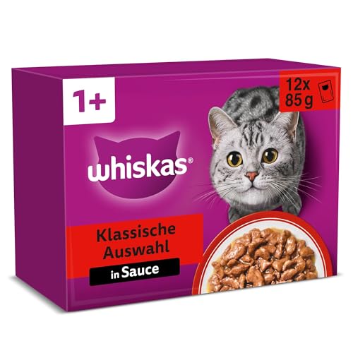 Whiskas 1+ Katzennassfutter Klassische Auswahl in Sauce, 12x85g (4 Packungen) – Hochwertiges Nassfutter für ausgewachsene Katzen in 48 Portionsbeuteln