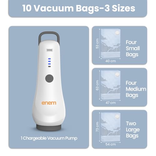 Image of Enem Vacuum Bags For Clothes With Portable Pump | Pack of 10 (2 Large, 4 Medium, 4 Small) | Travel Vacuum Bags For Clothes | Wardrobe Organizer For Storage, 1 year Warranty from Enem
