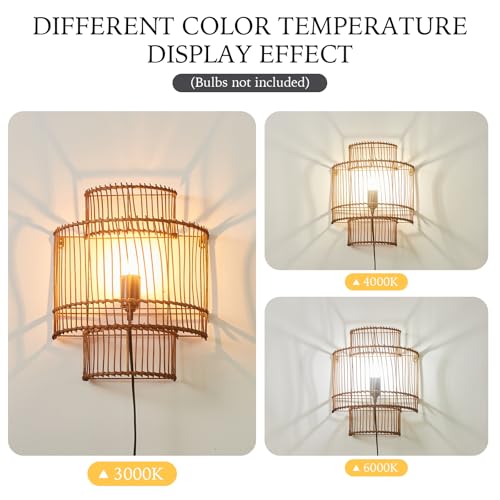 Image of Farmhouse Rattan Wall Sconce, Plug-in Wall Lamp Black Finish with Boho Woven Wicker Shade for Vanity, Stairway, Fireplace, Bedside, Passway, Hallway, Living Room