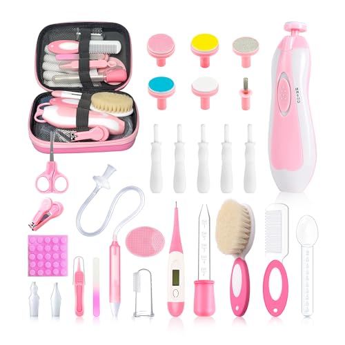 Image of 28 in 1 Baby Healthcare and Grooming Kit, Infant Baby Nursery Kit Electric Nail Trimmer Set with Gas Colic Passer Nasal Aspirator Nail Clipper Hair Brush Comb for Newborn Girls Boys (Pink)