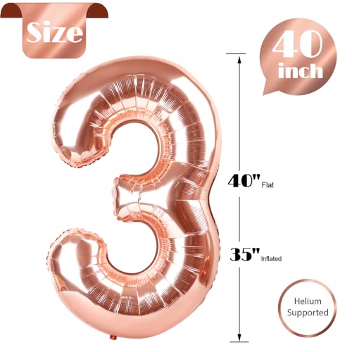 Image of Rose Gold Number 3 Balloon 40 Inch, 3rd Birthday Celebration Supplies Women Men, 3 Balloon for Theme Party