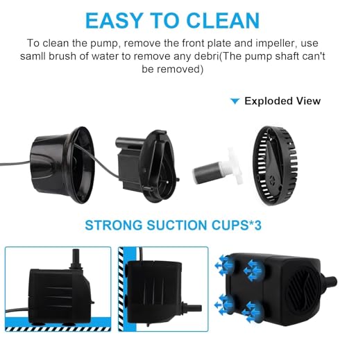 Awroutdoor Wasserpumpe Tauchpumpe, Ultraleise Teichpumpen,800L/H Aquariumpump für Teich Brunnen Aquarium Garten,Submersible Pumpe 2 Düse 8mm-13 mm, mit 4 starken Saugnäpfen(16W)