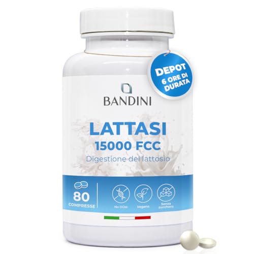 Bandini® Lattasi DEPOT 15.000 FCC | 80 Compresse a Lento Rilascio (6 ORE) | Per Intolleranza al Lattosio | Digestione di Latte e Latticini | Enzimi Digestivi per Intestino | Vegan, Senza Additivi