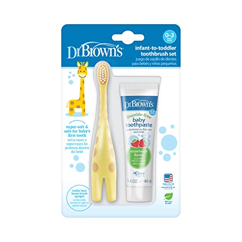 Dr. Brown's Infant-To-Toddler Training Toothbrush Set With Strawberry Fluoride-Free Toothpaste 1.4 Oz, Soft For Baby's First Teeth, Giraffe, Bpa Free, 0-3 Years #TOP5
