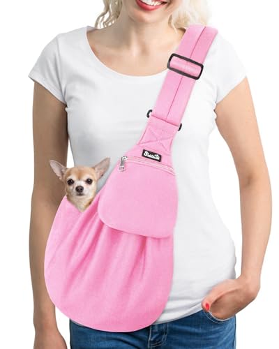Lukovee Pet Sling, Hand Free Dog Sling Carrier Adjustable Padded Strap Tote Bag, Shoulder Bag with Safety Belt & Front Pocket for Small Dog Cat Puppy (Pink-WY,S)