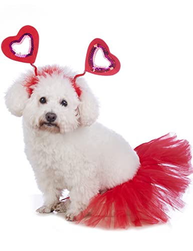 Impoosy Dog Valentine's Day Costume Cute Pet Heart Headband and Tutu Lace Dresses for Dog Cat Girls (Red)