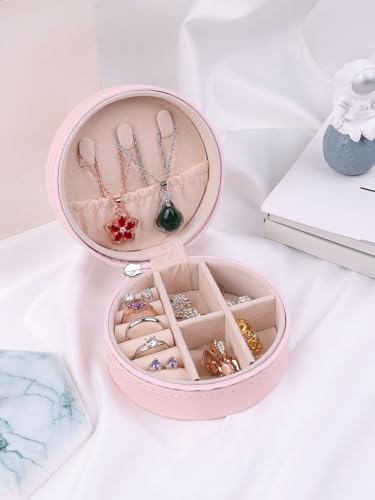 Image of Travel Jewelry Box Mini Portable Organizer Travel Case with Zipper Faux PU Leather Small Storage Boxes for Rings Earrings Necklaces Bracelets for Women Girls (Round-Pink)