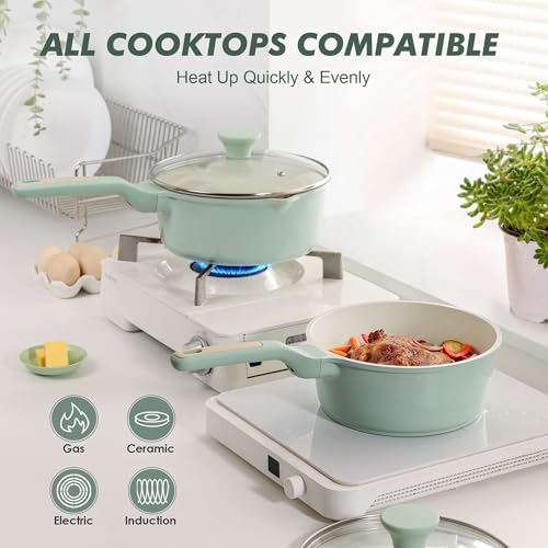 Image of SENSARTE Ceramic Nonstick Saucepan with Lid 1.5 Quarts, Small Kitchen Cooking Pot with Stay Cool Handle, Induction Compatible, Ceramic Coating, Free of Intentionally Added PTFE /PFOA /PFAS, Green