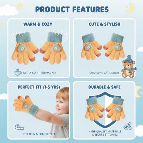 Image of Kraptick Kids Winter Gloves - Ultra-Soft Thick Knit Fuzzy Warm Mittens for Boys & Girls Cute Bear Patch Thermal Hand Warmers for Toddlers & Children -2