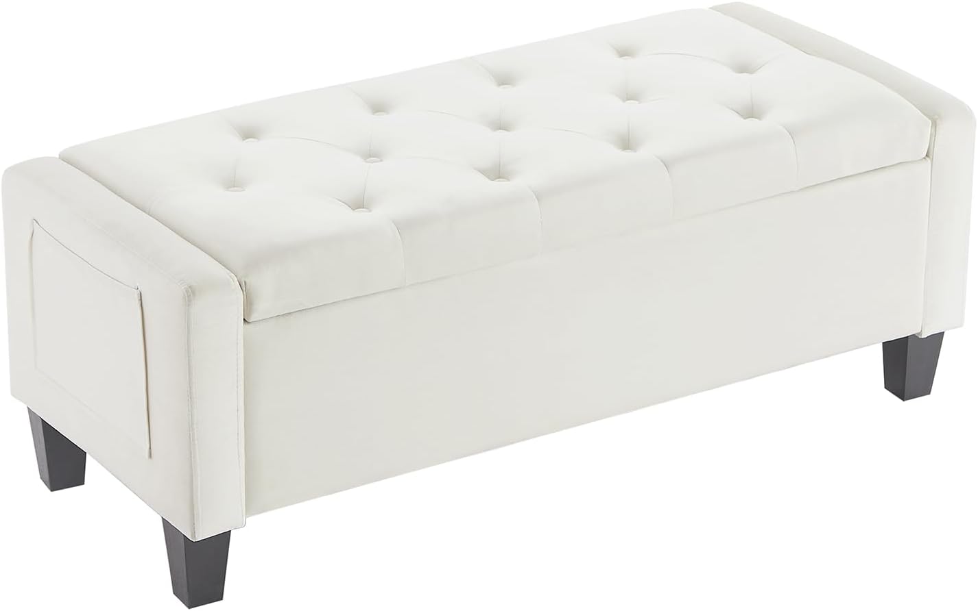 Velvet Storage Ottoman Bench for Bedroom, End of Bed Bench with Button, Side Storage Pockets, Organizer Storage Chest, Upholstered Foot Rest, Load up to 400 lb, for Living Room, Entryway, Beige