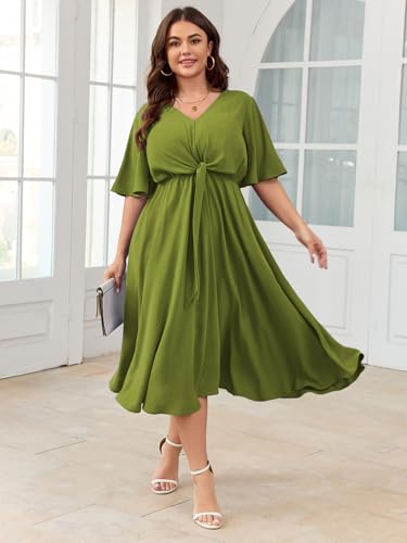 Image of SCOMCHIC Women Plus Size Midi Dresses Wedding Guest Short Sleeve V Neck Tie Waist Casual Summer Flowy A Line Dress