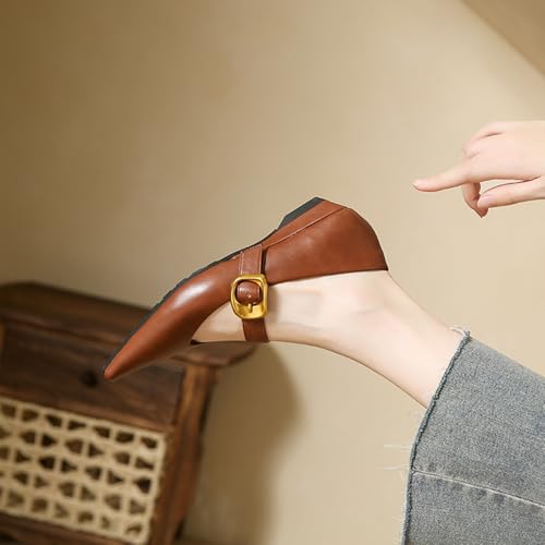 Womens Pointed Toe Leather Mary Jane Flats Comfortable Low Heels Buckle Strap Work Casual Dress Slip On Flats Shoes2