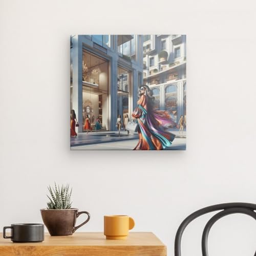 Toile carrée motif femme en ville pour mur blanc triste