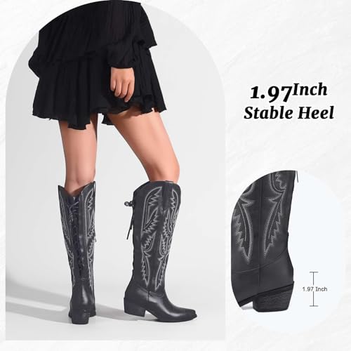 Image of Lace Up Cowboy Boots for Women Embroidered Wide Calf Cowgirl Boots Comfortable Chunky Heel Pointed Toe Trendy Western Shoes for Prom Music Festival