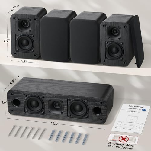 Image of Saiyin 5.0 Surround Sound Speakers, 235 Watts Peak Power | Home Theater Speakers with Black Classic Retro Wood Grain, Amplifier or Receiver Required, Cable Not Included