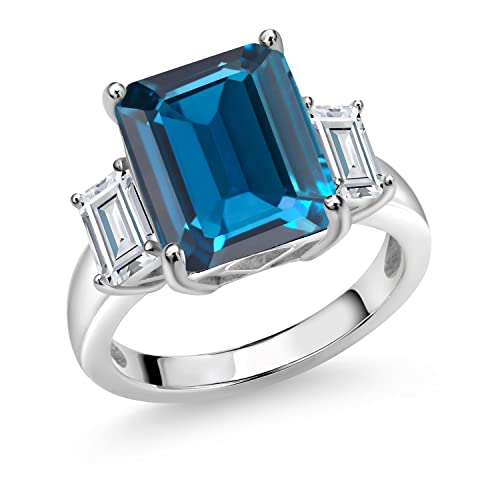 Gem Stone King 8.64 Cttw London Blue Topaz and White Moissanite 3-Stone Ring For Women | 925 Sterling Silver | 3 Stone Wedding Engagement Anniversary Promise Ring | Available In Size 5-9