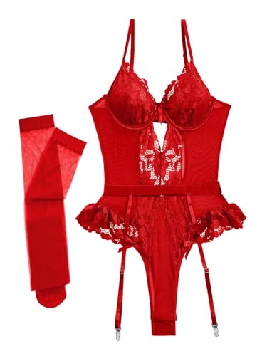 Image of Sexy Stocking Lace Mesh Bodysuit Top Underwire Garter Lingerie Set 3 Piece
