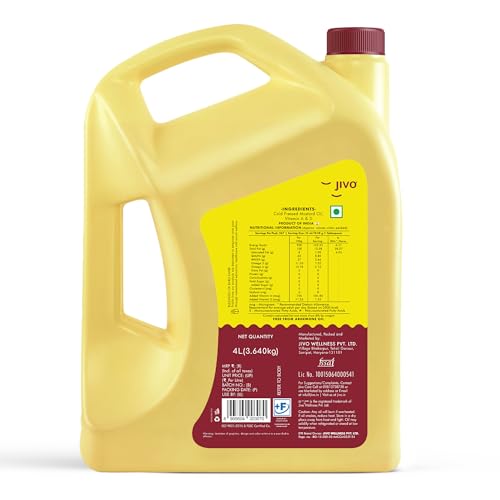 Image of Jivo Premium Cold Pressed Kachi Ghani Mustard Oil, 4 Litre | Contains Omega-3 (ALA) and Vitamin E | Ideal for Cooking, Frying, Pickling & Daily Use