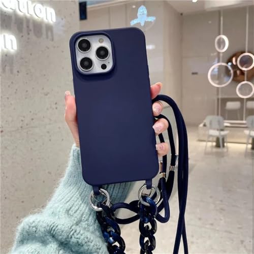 Étui iPhone 14 Plus cordon anti-chute avec chaîne marbre bleu foncé