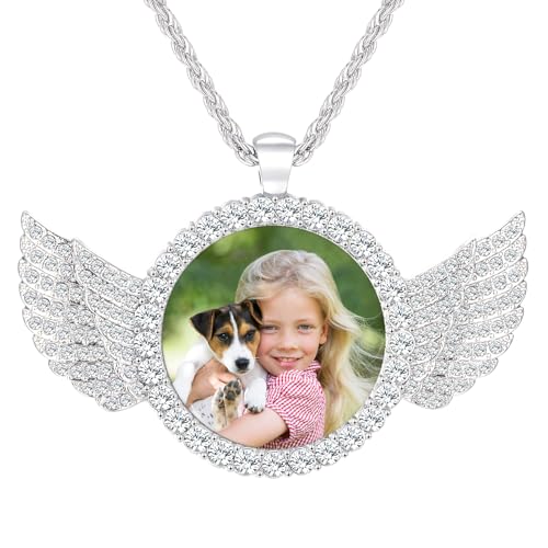 Custom Circle Chain with Wings, Memory Necklaces Picture Necklace Personalized Photo Gifts for Men Women, Customized Angel Wing Round Chain Pendant2