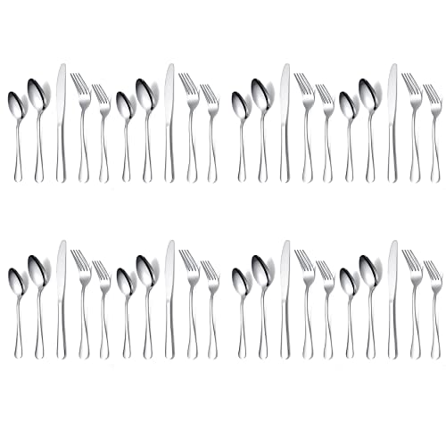 Image of aDai Combo Set of 40 Premium Silver Cutlery - Stainless Steel Luxury Dinnerware Tableware - Round Edge Serving Spoon Fork Knife - Reusable Mirror Finish for Home Kitchen Dining Table and Gift