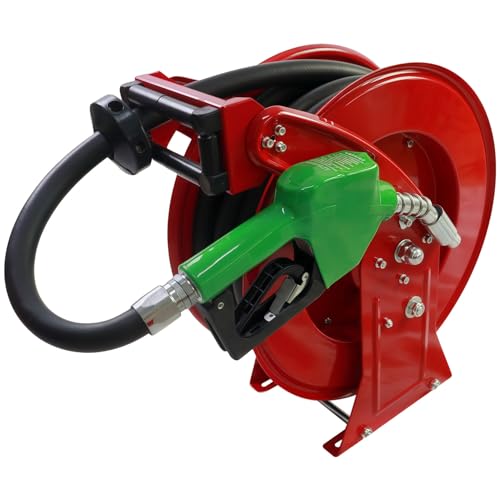 BORRITT 3/4 Inch Fuel Hose Reel 3/4X33 Retractable Ratchet Spring Driven Diesel Hose Reel 360 Rotating Fuel Hose Swivel AUTO Fuel Nozzle SS304 Elbow Pipe Barb Fitting 300 PSI 1NPT Inlet 3/4 Outlet