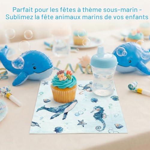 Tapufitil Serviettes en Papier 40 Pièces Thème Océan, Motif Aquarelle avec Baleine & Poulpe, 33x33cm Serviettes Jetables pour Fête d'anniversaire d'enfants & Soirée Marin – vue 6