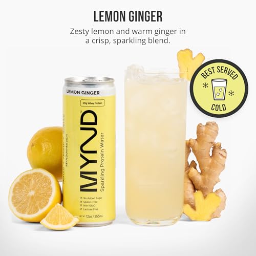 Image of MYND Sparkling Protein Water, Clear Protein Drink - 20g Whey Protein Isolate Per Can, 12 Pack - Lactose Free, Gluten Free, No Added Sugar - Ready-to-Drink Carbonated Protein Drinks - Lemon Ginger